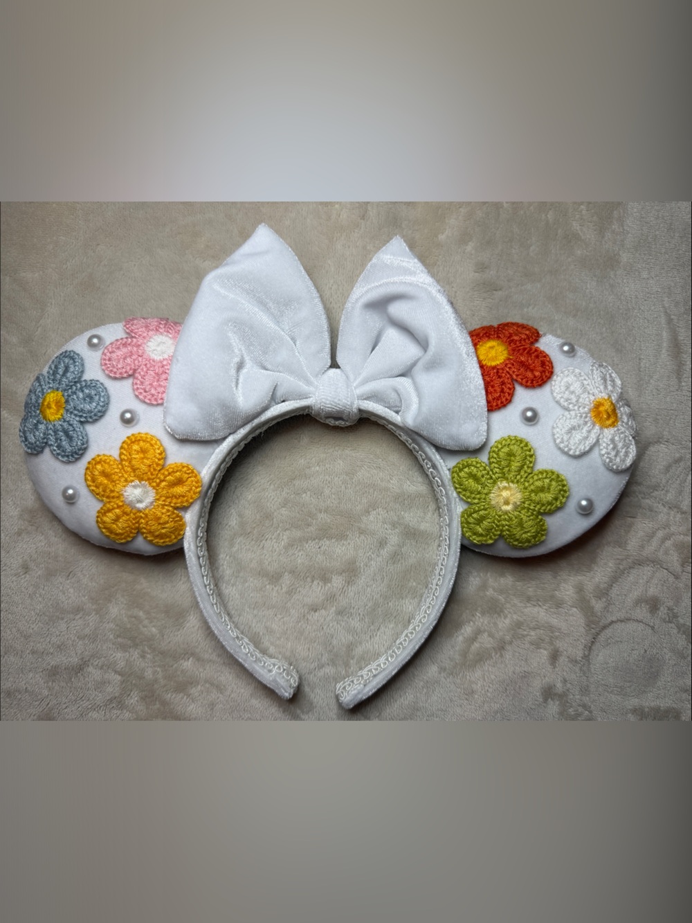 White Floral Crochet Minnie Ear Headband - Handmade (not Disney)